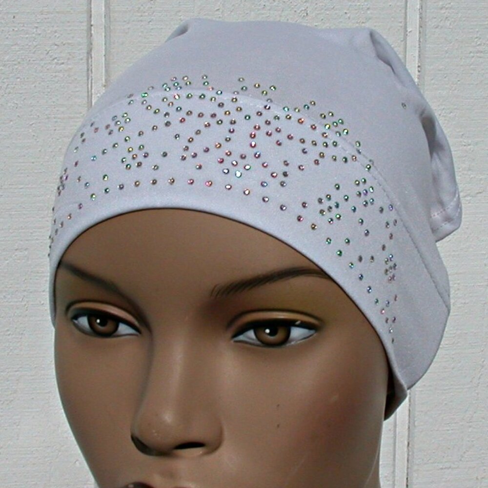 White Tube Cap Women's Hijab Under Cap with Rhinestone Floral Pattern